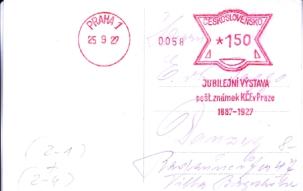 Dostavník 1927 09 001 CZ ● - Jubilejní výstava poštovních známek
